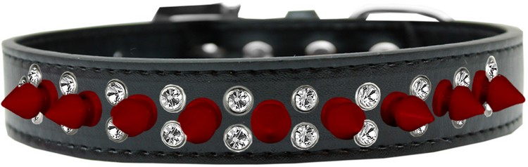 Double Crystal and Red Spikes Dog Collar Black Size 16